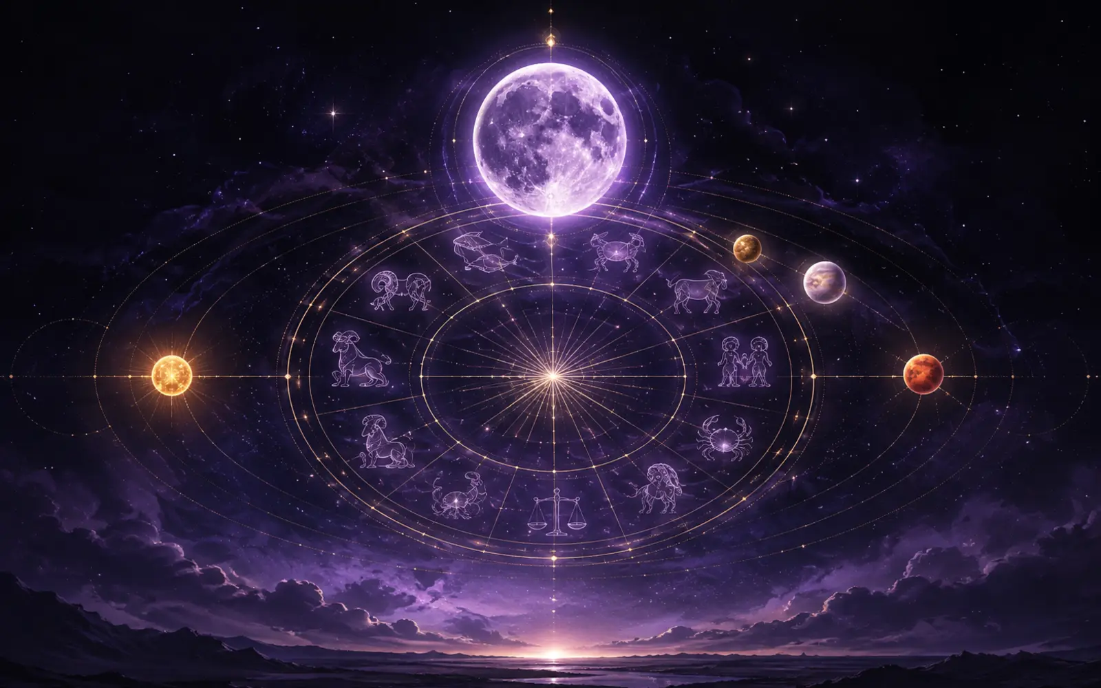 A luminous Moon above a violet tropical zodiac map with the current relationship planets